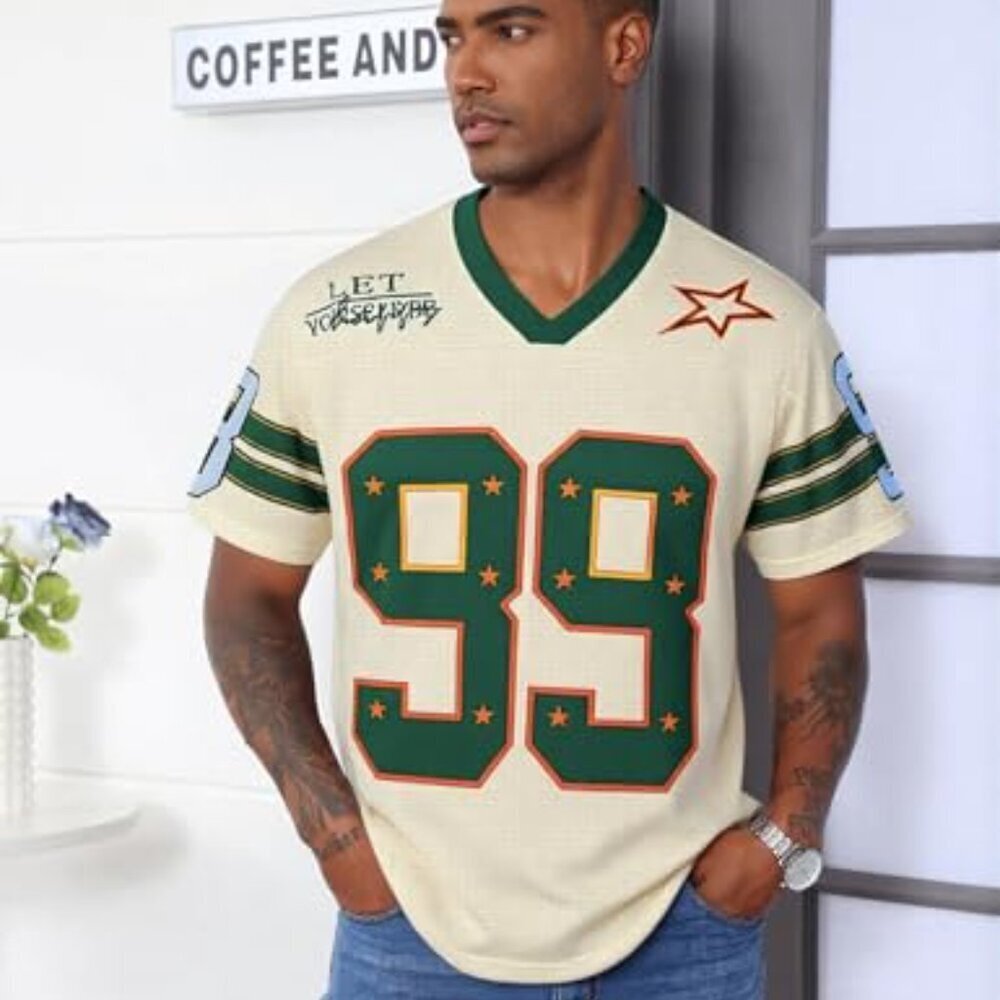 Oversized V-Neck Jersey T-Shirt Y2K Streetwear Graphic Tee Summer Fall - Picture 3 of 8